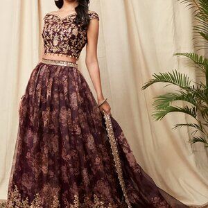 Deep Purple Floral Organza Lehenga